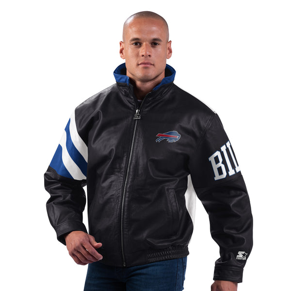 Starter Men's Buffalo Bills Cow/Leather Jacket - Black/White - lauxsportinggoods