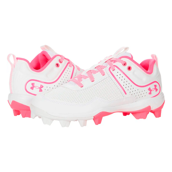 Open Box Under Armour Girl's UA Glyde RM Jr. Softball Cleats - 3 - White/White/Cerise - lauxsportinggoods