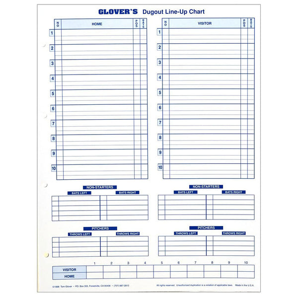 Glovers- BB102 Dugout Line-up Charts-30 pk,11"x 14.5" - lauxsportinggoods