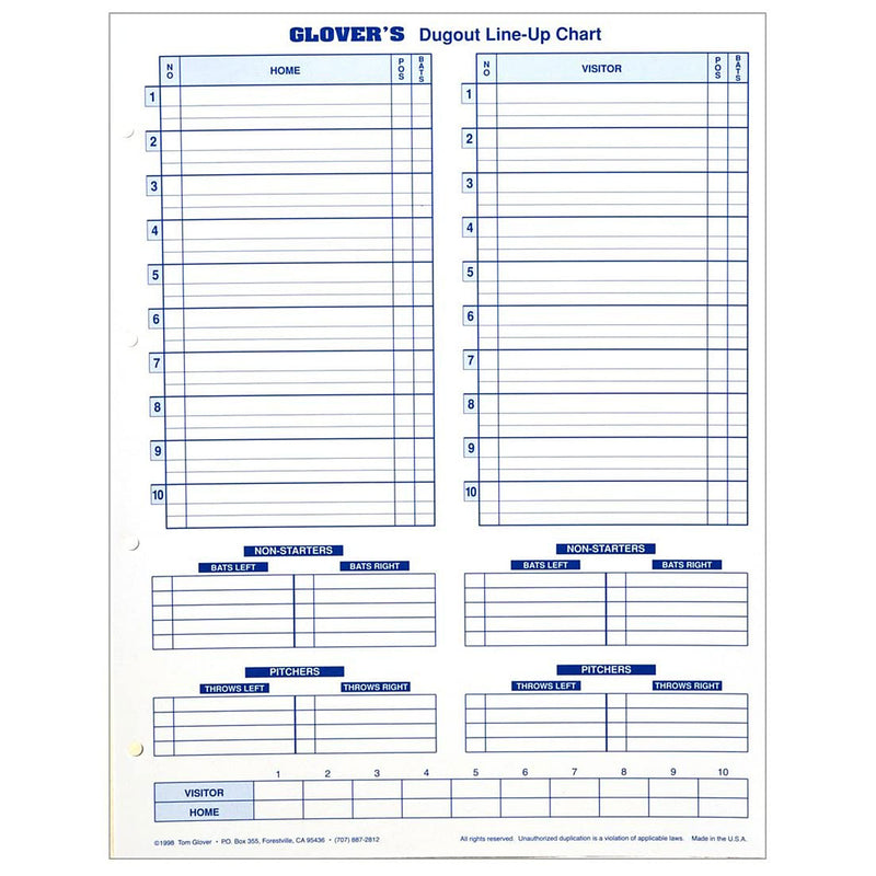 Glovers- BB102 Dugout Line-up Charts-30 pk,11"x 14.5" - lauxsportinggoods