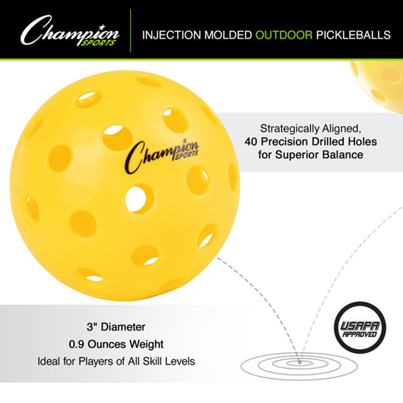 Champion Sports Injection Molded Outdoor Pickleball - Set of 6 - Yellow