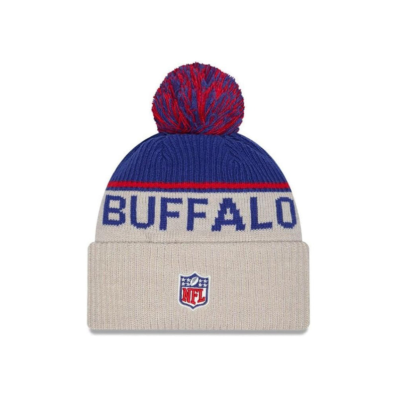 New Era Buffalo Bills NFL 2024 Retro Logo Striped Cuffed Knit Hat w/ Pom