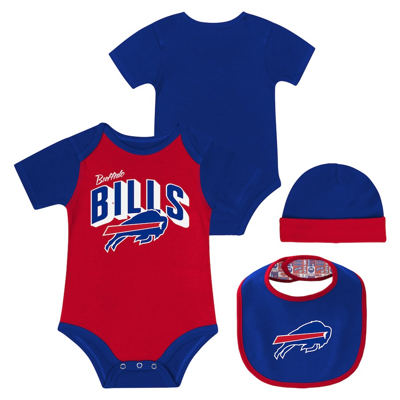 Outerstuff Infant Buffalo Bills Dynamic Duo Short Sleeve Creeper/Bib/Hat Set - lauxsportinggoods