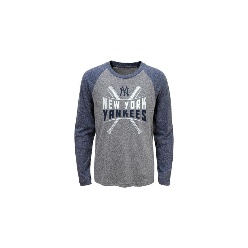 Discontinued - Outerstuff Boy's New York Yankees Double Hit Triblend Raglan LS Tee - Graphite/Navy