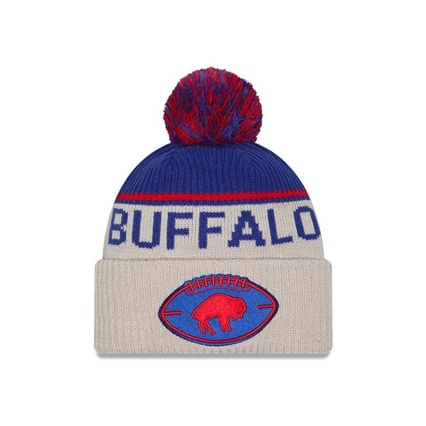 New Era Buffalo Bills NFL 2024 Retro Logo Striped Cuffed Knit Hat w/ Pom