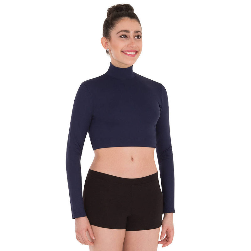 Body Wrappers Long Sleeve Cropped Turtleneck Pullover, Navy - lauxsportinggoods