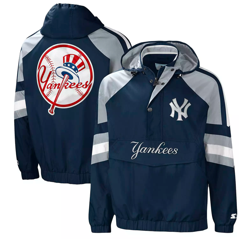 Starter Men's New York Yankees The Pro II Nylon Half-Zip Jacket - Navy/Gray - lauxsportinggoods