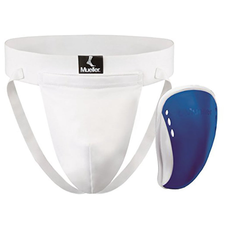 Mueller Athletic Supporter w/ Flex Shield Cup - White/Blue - Youth Large - lauxsportinggoods