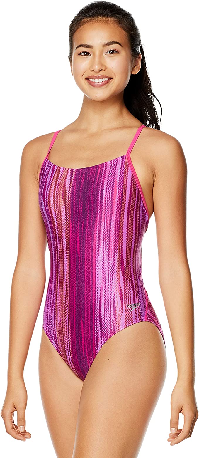 Open Box Speedo - Women's Solid Relay Back Swimsuit - Cascading Strip Purple - D36 - lauxsportinggoods