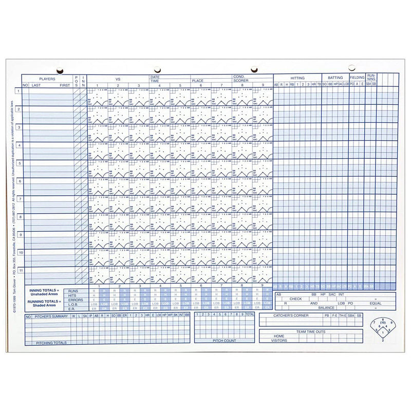 Glovers - BB101 Baseball/Softball Scoring Sheets Only - 50 pk 11"x 14.5" - lauxsportinggoods