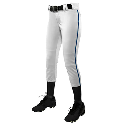 Open Box Champro Women's Tournament Low Rise Softball Pants with Side Piping-X-Large-White-Navy - lauxsportinggoods