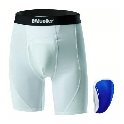 Mueller Athletic Supporter with Flex Shield Cup, White/Blue Youth - Large - lauxsportinggoods