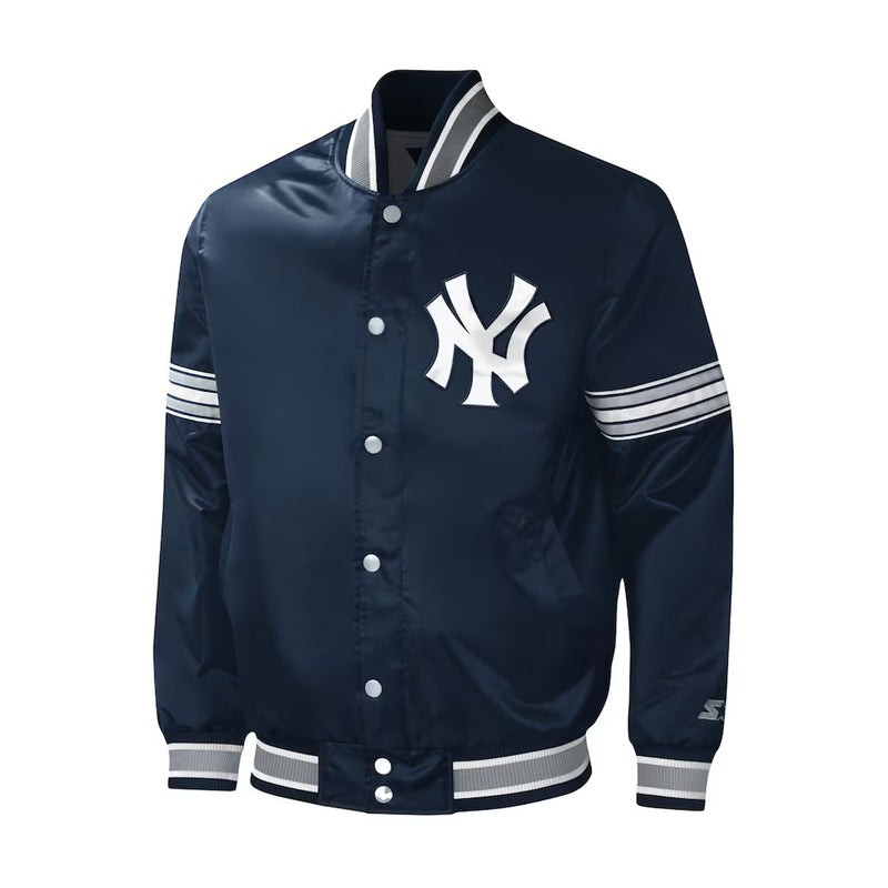 Starter Men's New York Yankees Midfield Satin Full-Snap Varsity Jacket - Navy - lauxsportinggoods