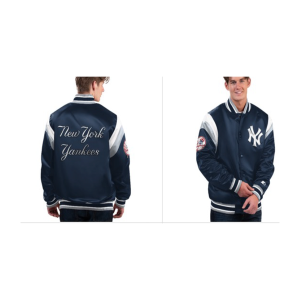 Starter Men's New York Yankees Varsity Satin Jacket - Navy/Silver - lauxsportinggoods