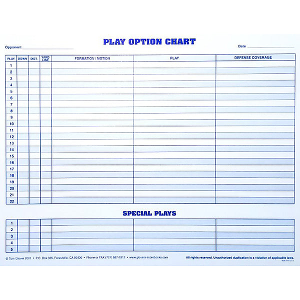 Glover's Scorebooks Football Play Options Charts (8.5 x 11) - lauxsportinggoods
