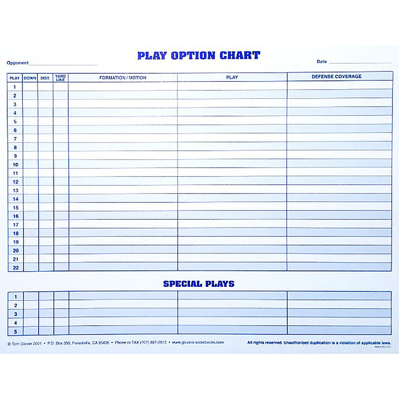 Glover's Scorebooks Football Play Options Charts (8.5 x 11) - lauxsportinggoods